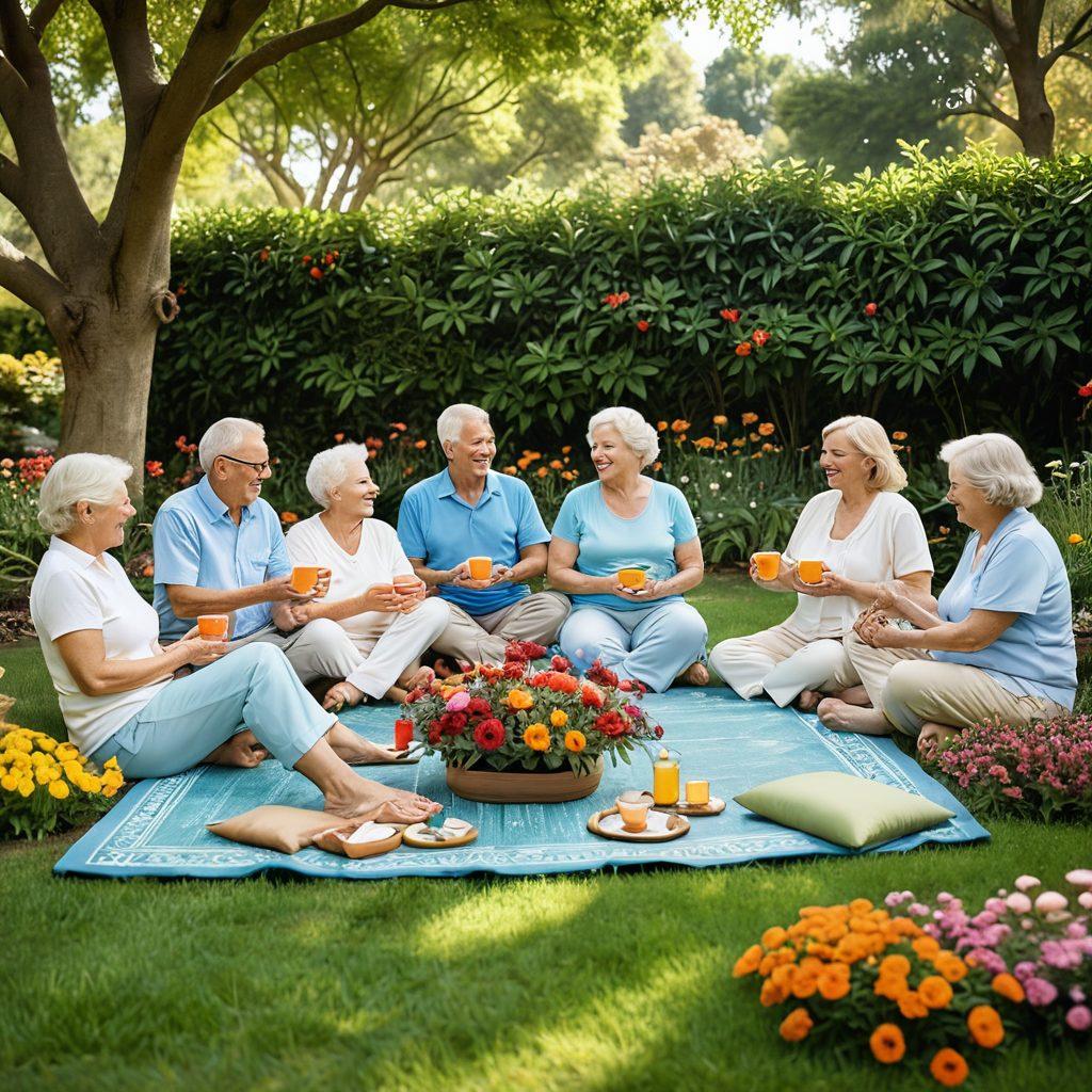 A warm and inviting scene of a diverse group of elderly friends laughing and sharing stories in a lush garden, with vibrant flowers and soft sunlight filtering through the trees. An atmosphere of joy and connection is emphasized with elements like cozy seating, tea cups, and nature-themed decorations. Include hints of wellness, such as yoga mats and healthy snacks. super-realistic. vibrant colors. peaceful setting.