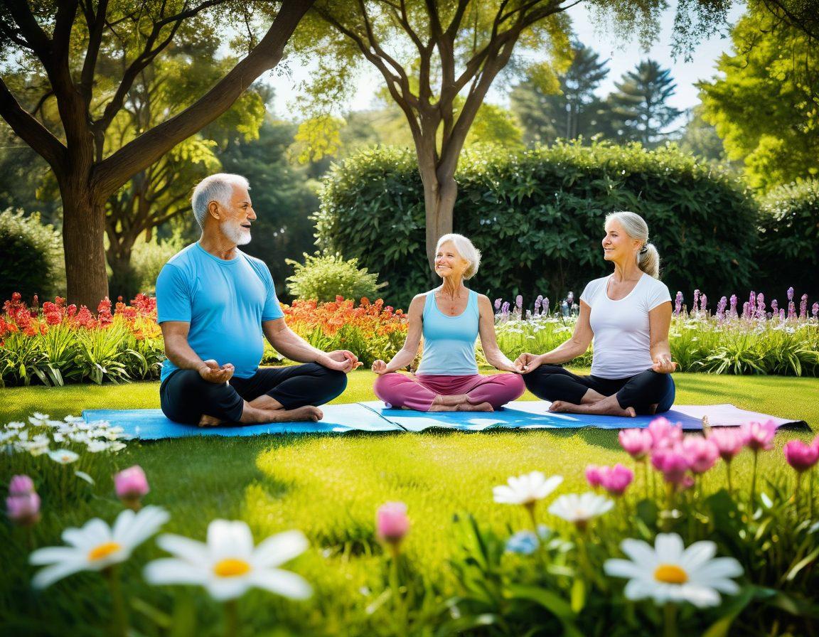 A serene garden filled with vibrant flowers, an older couple enjoying a yoga session on soft grass beneath a bright blue sky. Around them, small signs of mindfulness like crystals, books on wellness, and colorful fruits are visible. The atmosphere is filled with light and a feeling of harmony, showcasing the essence of joyful living. soft focus. vibrant colors. high contrast.