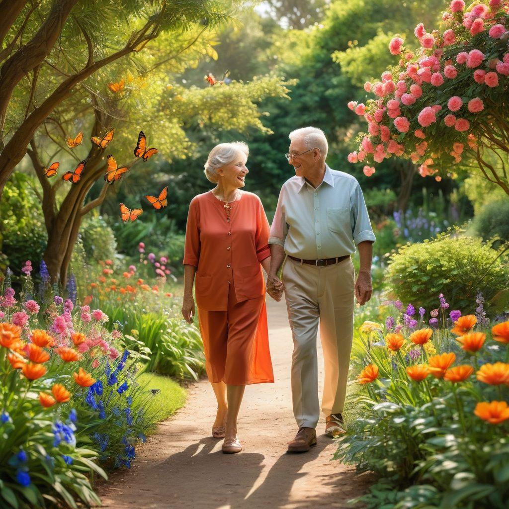 A serene elderly couple walking hand-in-hand through a vibrant, flower-filled garden, showcasing their joyful expressions. The background features soft sunlight filtering through lush trees, symbolizing growth and positivity. Include subtle elements like butterflies and a peacock, representing beauty and renewal in aging. Warm, inviting color palette. super-realistic. vibrant colors.